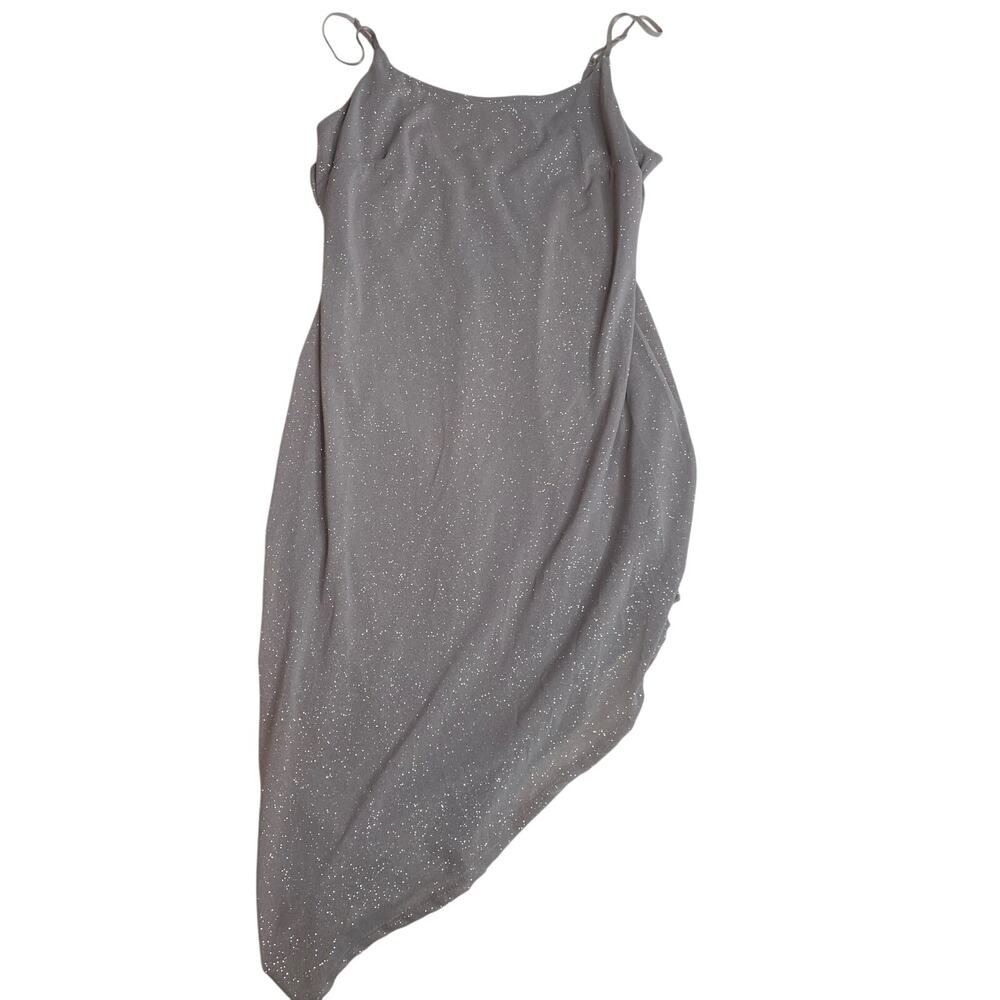 7DAYWKND Women's Silver‎ Sparkle Asymmetrical Midi Dress Size L
